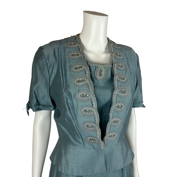 Vintage 1950s Dress Set Women's Small Faux Silk Blue Cocktail Outfit - Picture 14 of 15